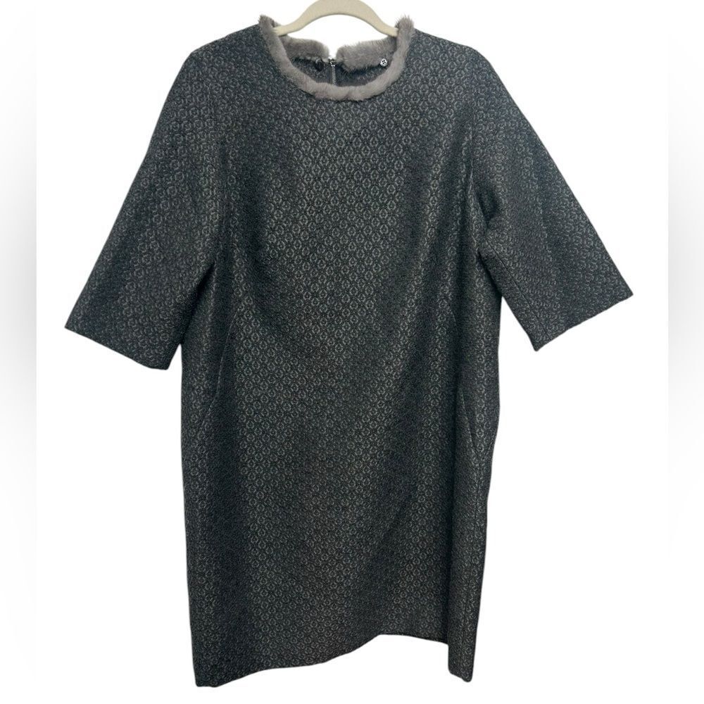 Women's Gray Patterned Long Sleeve Dress with Fur-Trim Neckline